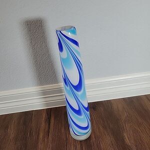 Vintage MCM Blown Art Glass Blue Teal White Swirl 16" Tall Curved Vase